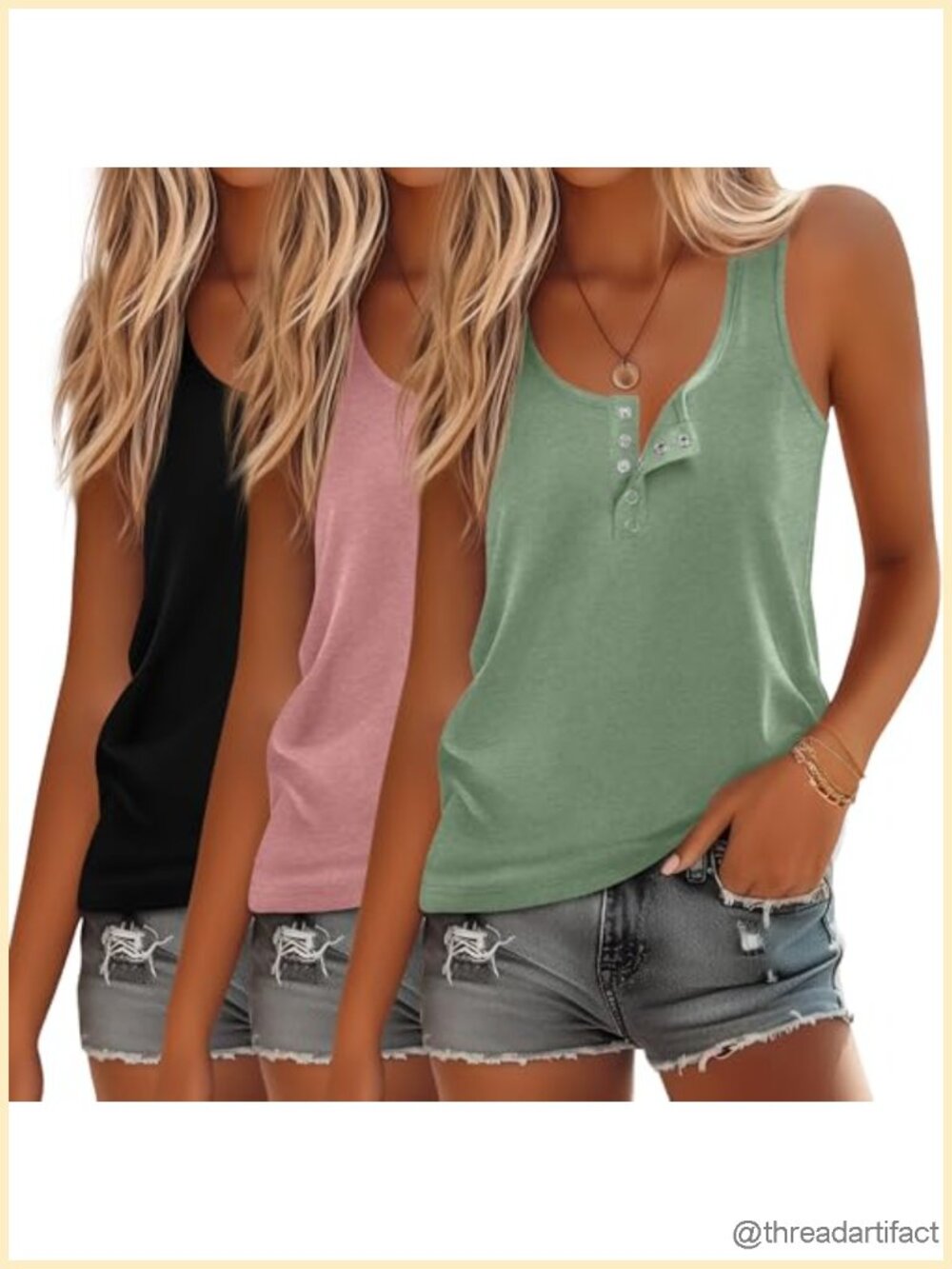 3 Pack Women's Henley Tank Tops Sleeveless Button Down Summer Loose Tee Blouses
